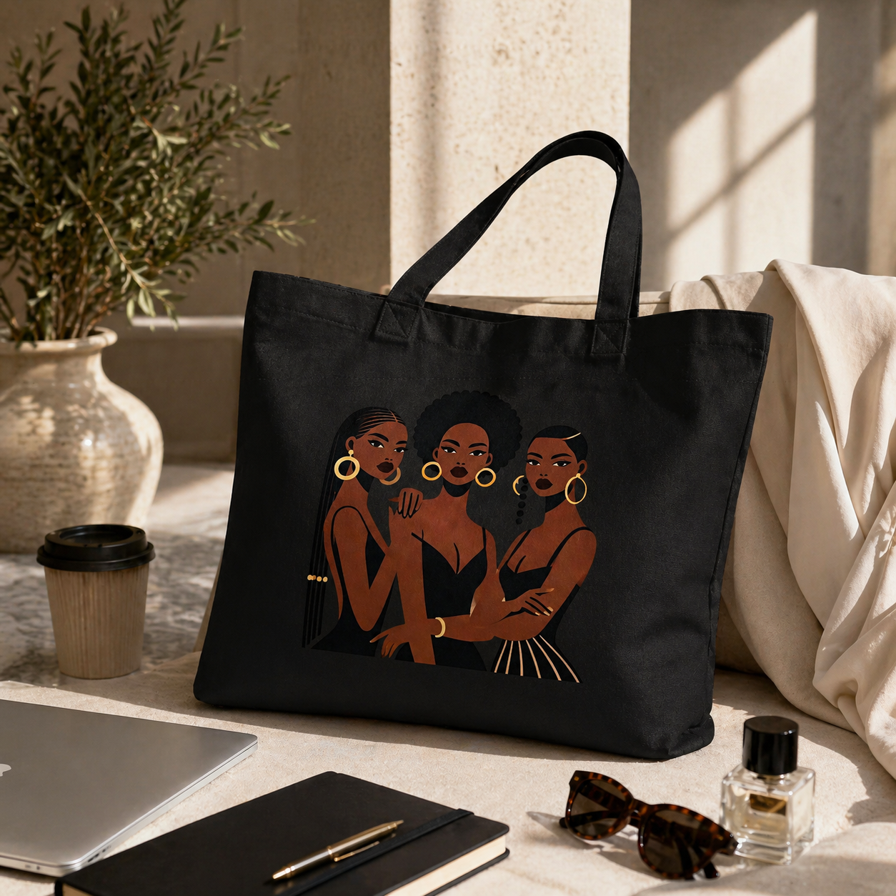 Sisters Nr.2 - Grand tote bag 100 % coton biologique - Beige/Noir